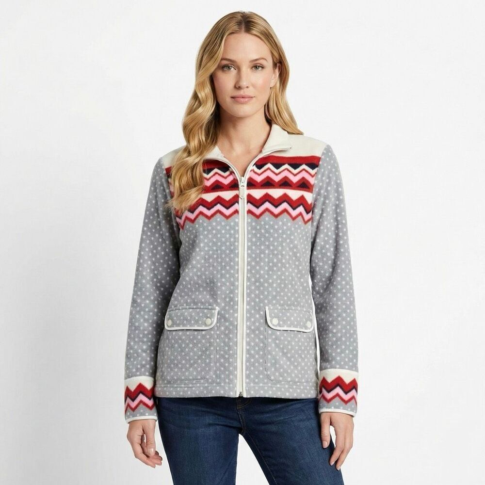 Talbots Fair Isle Aztec Chevron Zip Up Fleece Jacket Gray Red Pockets Large